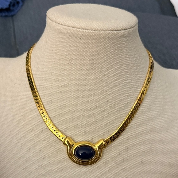Napier Jewelry - Vintage Napier Rare Gold Plated Herringbone Chain Necklace w/Blue Center Stone.